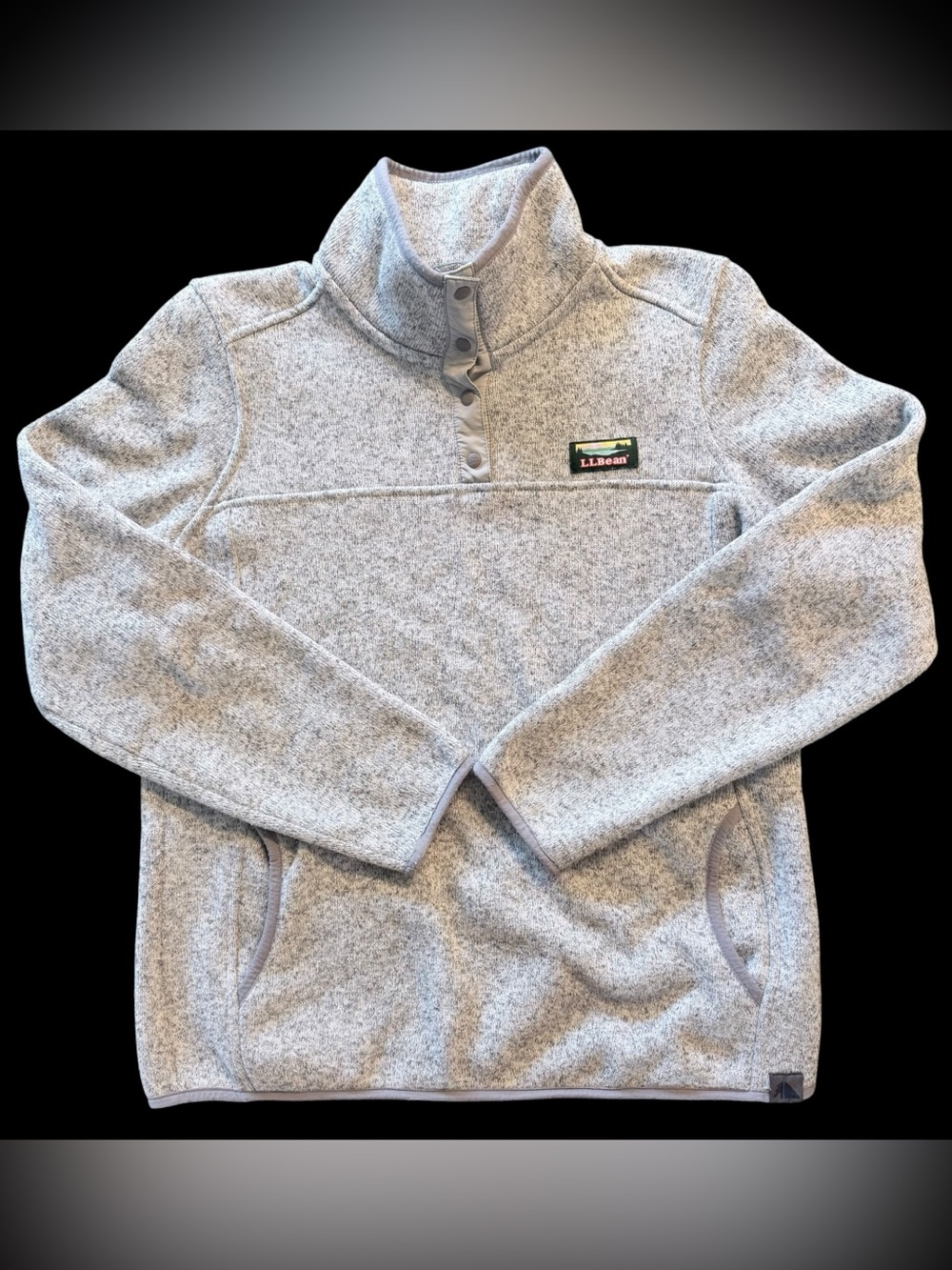 L.L.Bean Womens Medium Sweater Fleece Pullover Gray Snap Neck Kangaroo Pocket